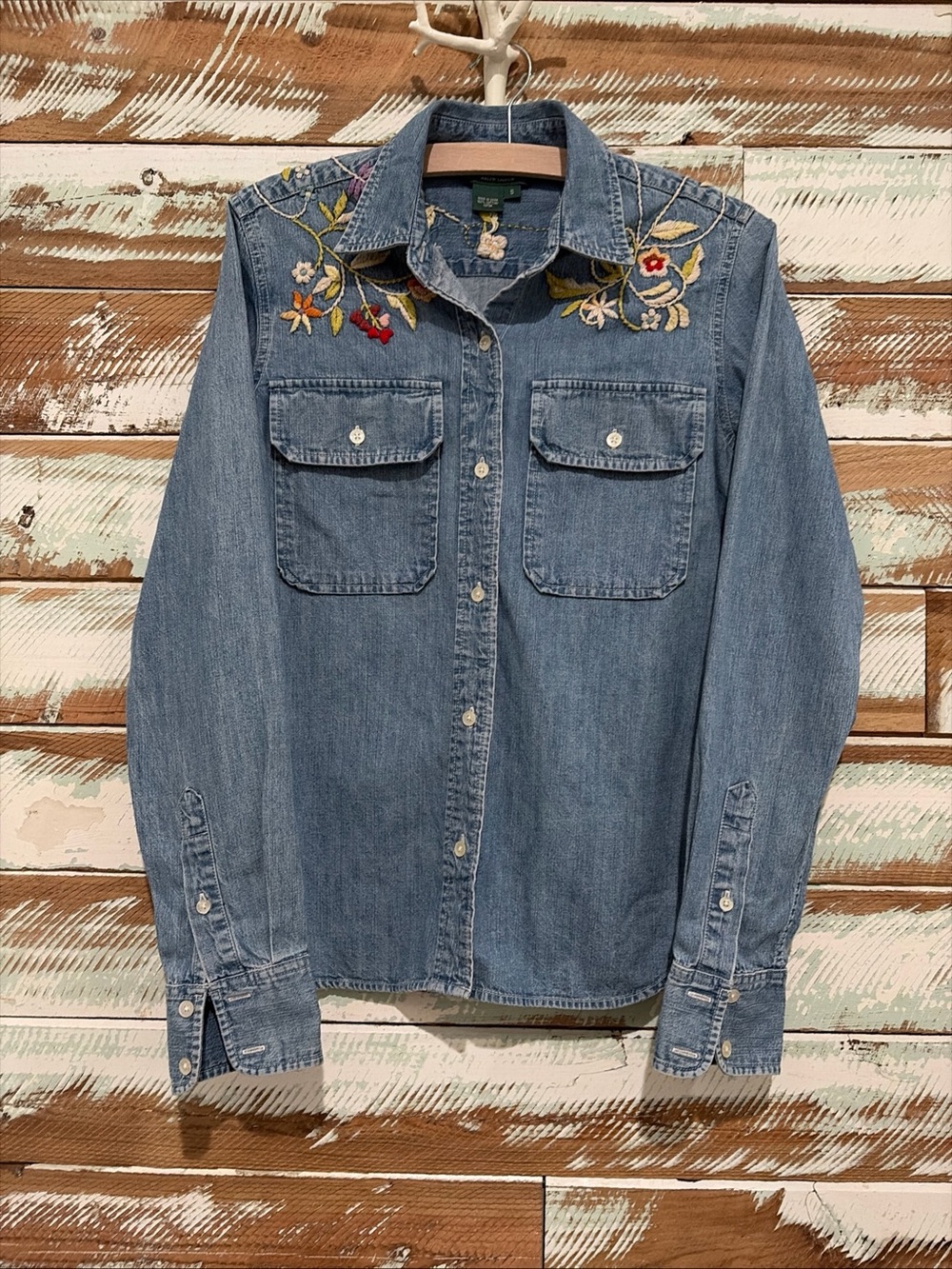 Vintage RALPH LAUREN JEANS Co Floral Embroidered Denim Western Shirt Sz Small